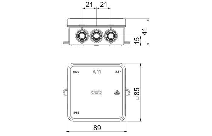 Dėžutė v/t [85x85x40] IP55 tuščia pilka be halogenų su tvirtinimo auselėmis A11 - OBO BETTERMANN