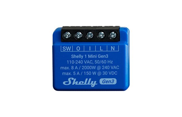 Valdiklis šviesos 150W 5A 30V DC /2000W 8A 240V AC Wi-Fi/Bluetooth Shelly Mini 1 Gen3 - SHELLY