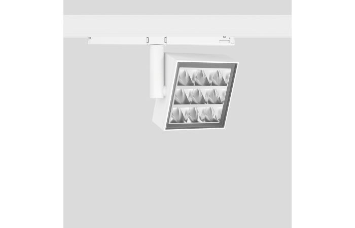 Prožektorius LED 36W IP20 3000K 2572lm į 3F bėgelį 130x130mm H-145mm 46/52 laipsnių asimetrinis dimeriuojamas baltos matinės spalvos DALI EUROSTANDARD-PLUS - BEGA